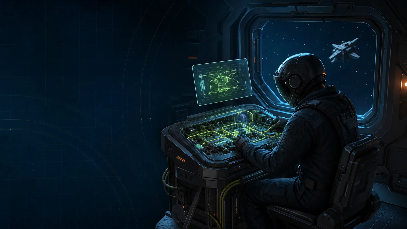 Original concept art of an anonymous spaceflight engineer diagnosing luminous cable paths at a compact console, with a generic spacecraft visible beyond the cabin window.